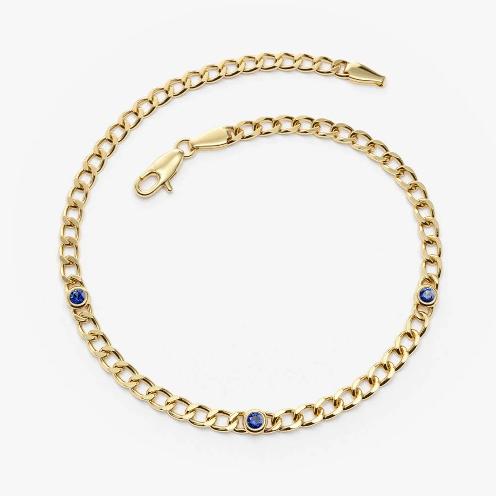 14K Solid Gold Cuban Link Bracelet with Bezel Set Round Sapphire