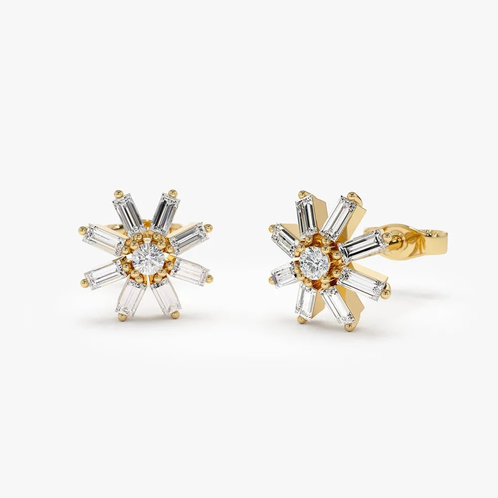 14k Gold Diamond Baguette and Round Cut Floral Stud Earrings 0.45 ctw