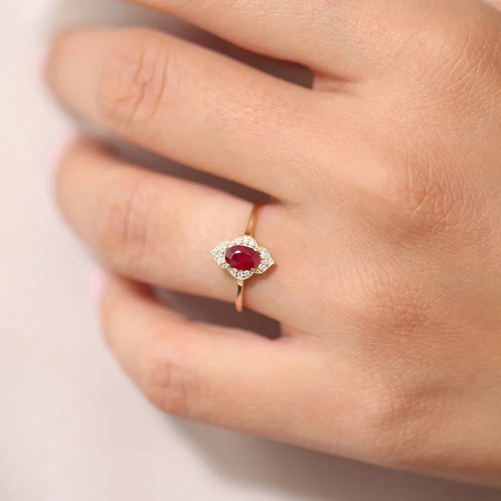 14k Gold Ruby and Diamond Oval Round Cut Victorian Ring Prong Micro Pave 0.58 ctw