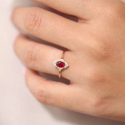 14k Gold Ruby and Diamond Oval Round Cut Victorian Ring Prong Micro Pave 0.58 ctw