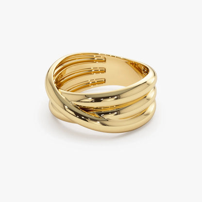14k Solid Gold Multi Strand Crossover Wide Band Statement Ring