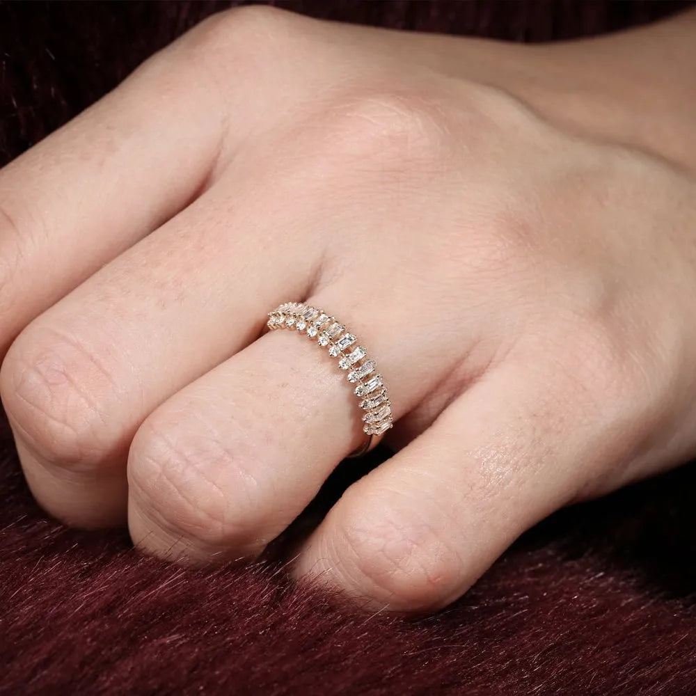 14K Solid Gold Baguette and Round Diamond Prong Set Band Ring 0.56 ctw