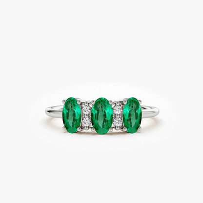 14K Solid Gold Triple Oval Emerald and Round Diamond Ring 0.70 CTW Handcrafted Jewelry