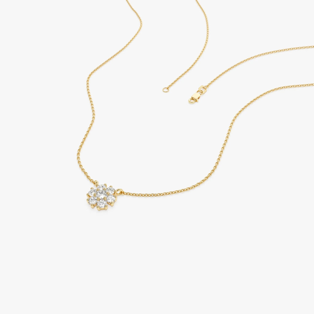 14K Solid Gold 0.23 CTW Round Diamond Cluster Flower Necklace