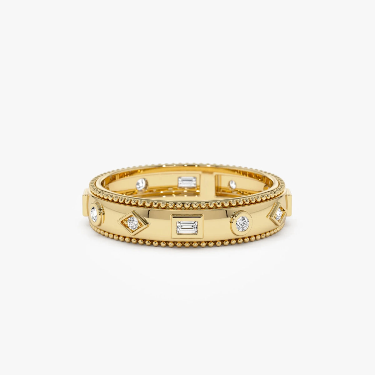 14K Solid Gold Round and Baguette Diamond 0.16 Carat Mixed Shape Band