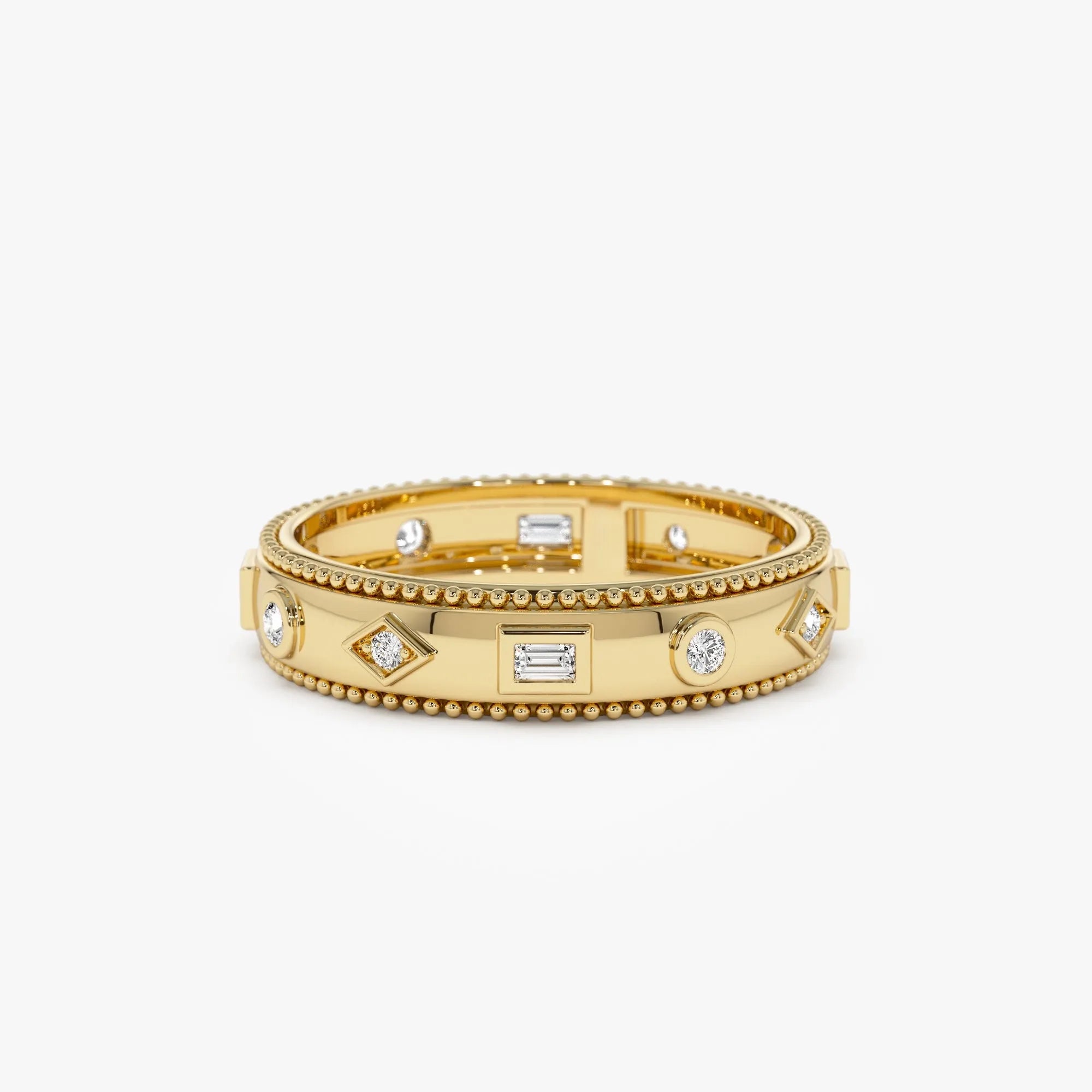 14K Solid Gold Round and Baguette Diamond 0.16 Carat Mixed Shape Band