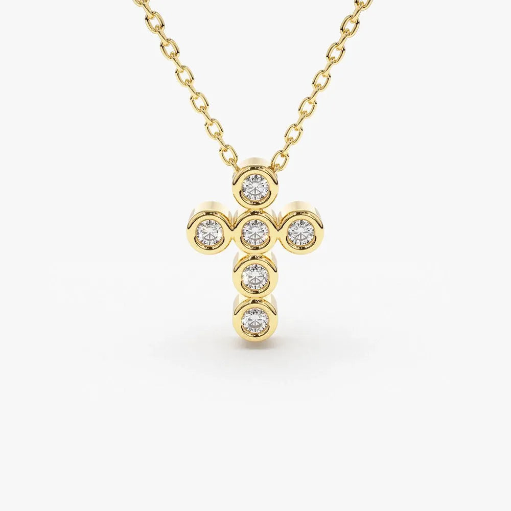 14K Solid Gold Round Diamond 6 Stone Cross Pendant Necklace Bezel Set 0.26ctw