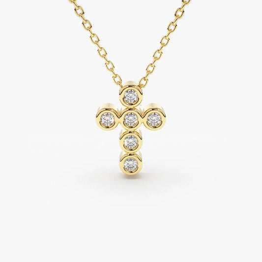 14K Solid Gold Round Diamond 6 Stone Cross Pendant Necklace Bezel Set 0.26ctw