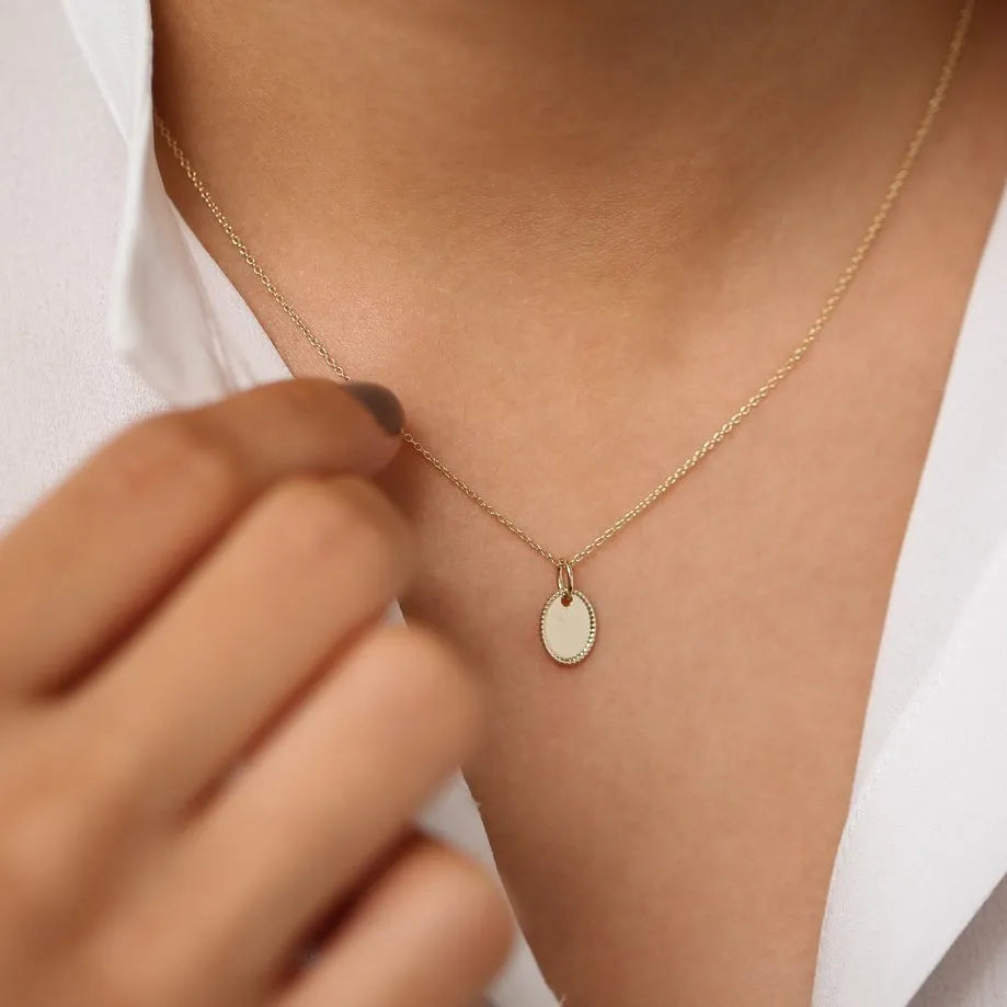 14k Solid Gold Personalized Mini Oval Initial Tag Pendant Necklace with Twist Rope Frame