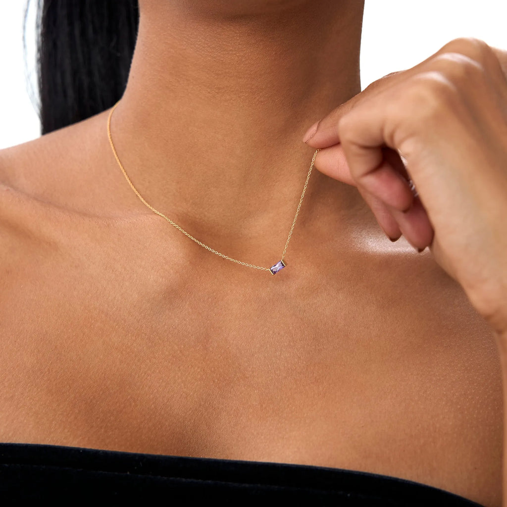 14k Solid Gold Amethyst Baguette Birthstone Necklace 0.35 Carat