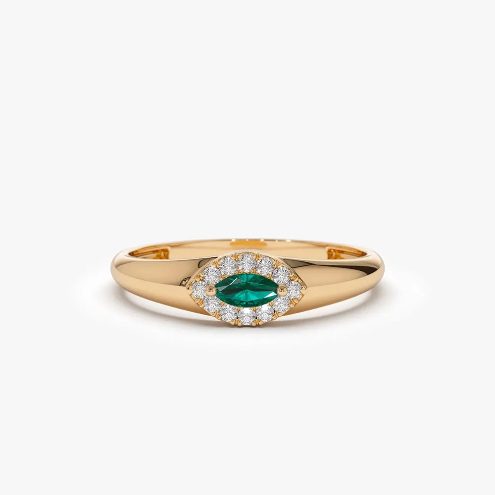 14K Gold Marquise Emerald and Round Diamond Halo Ring 0.17 CTW Handcrafted Jewelry