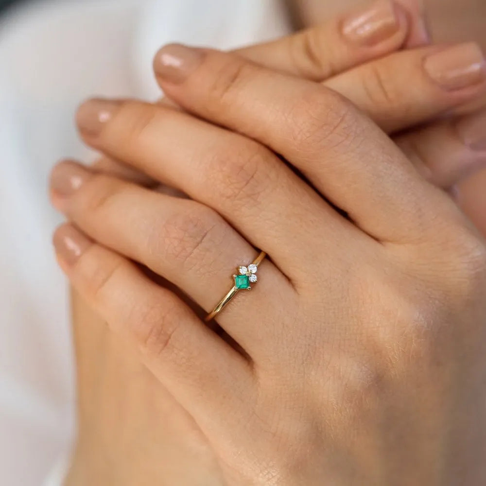 14K Solid Gold Princess Cut Emerald and Round Diamond Ring 0.14 CTW Handcrafted Jewelry