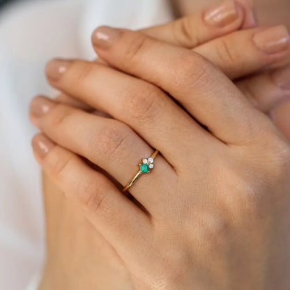 14K Solid Gold Princess Cut Emerald and Round Diamond Ring 0.14 CTW Handcrafted Jewelry