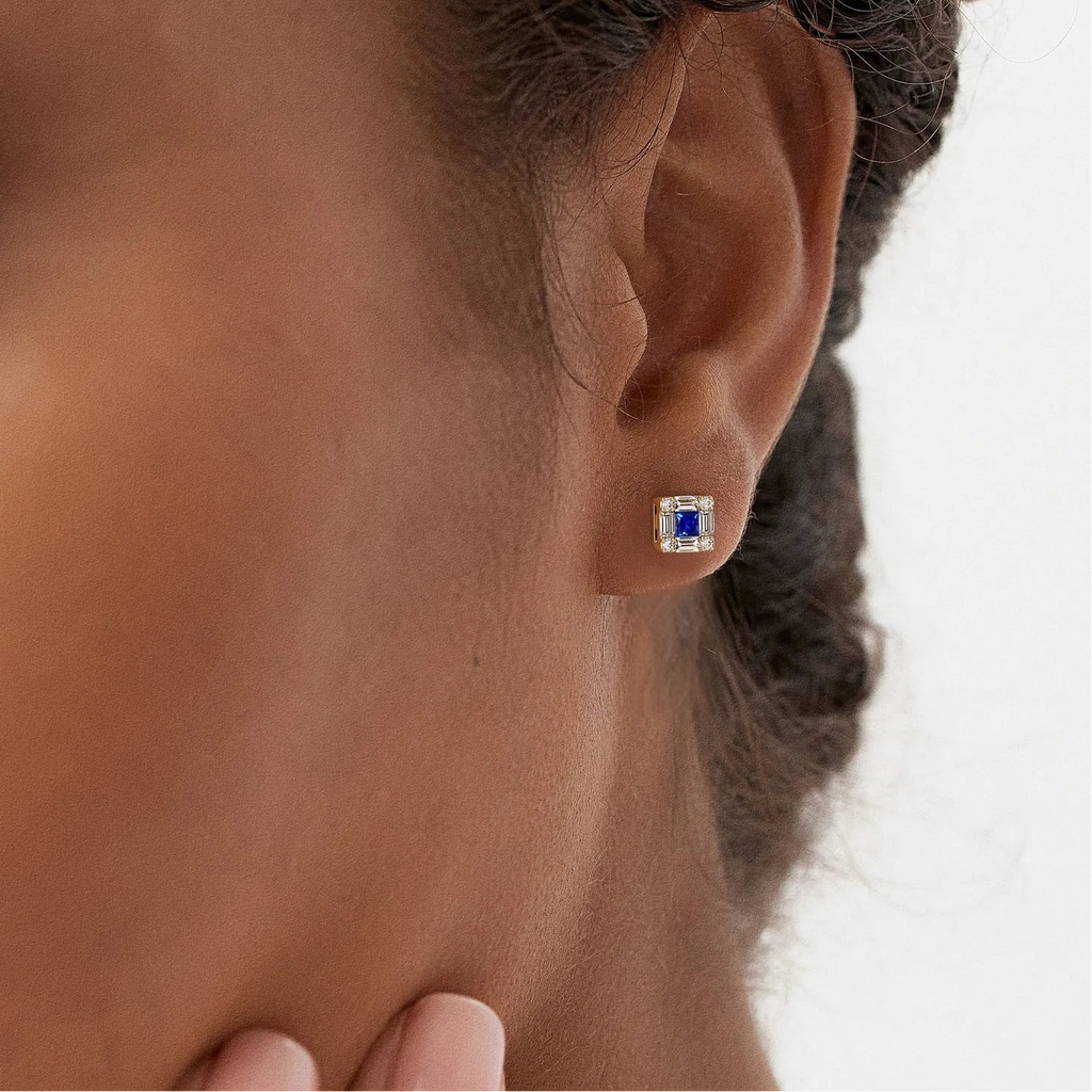 14k Solid Gold Princess Cut Blue Sapphire and Diamond Halo Stud Earrings 0.37 ctw