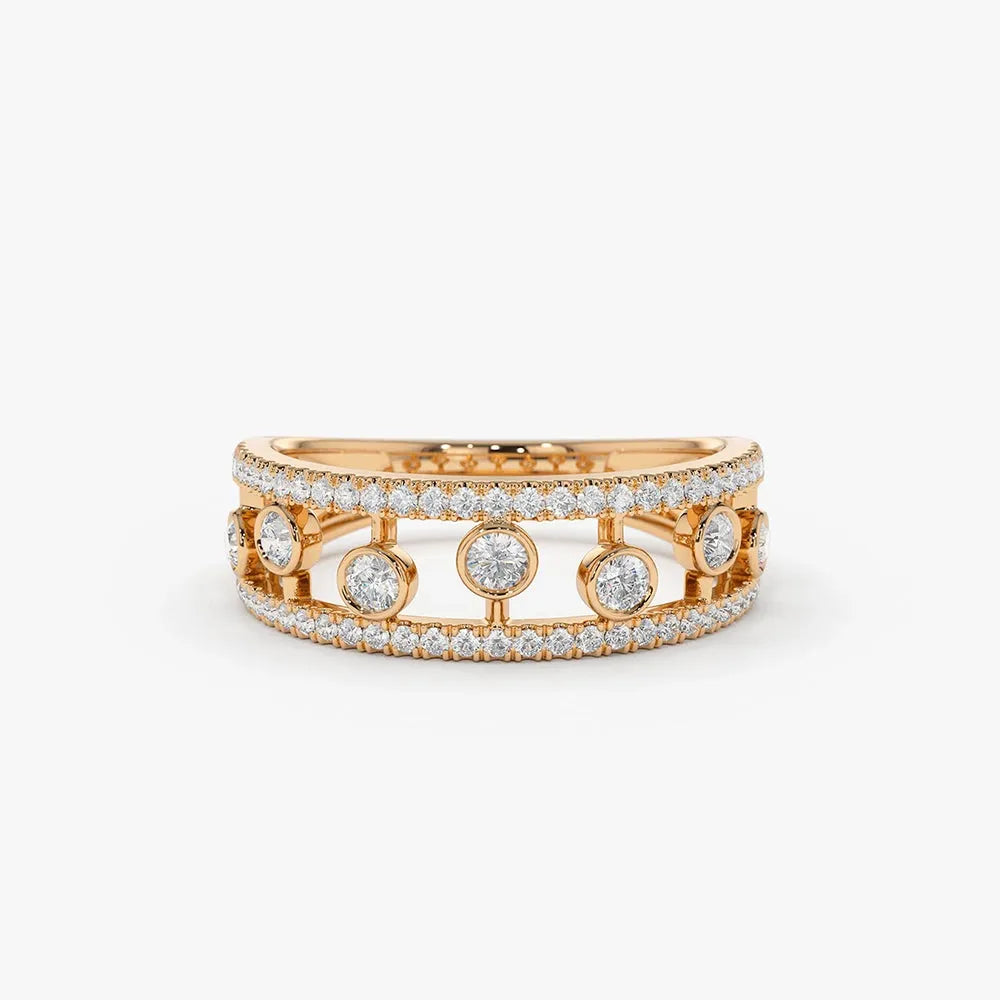 14k Gold Round Diamond 0.48ctw Double Row Pave Floating Bezel Set Ring