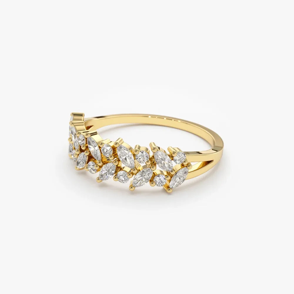 14K Gold Marquise and Round Diamond Two Row Ring