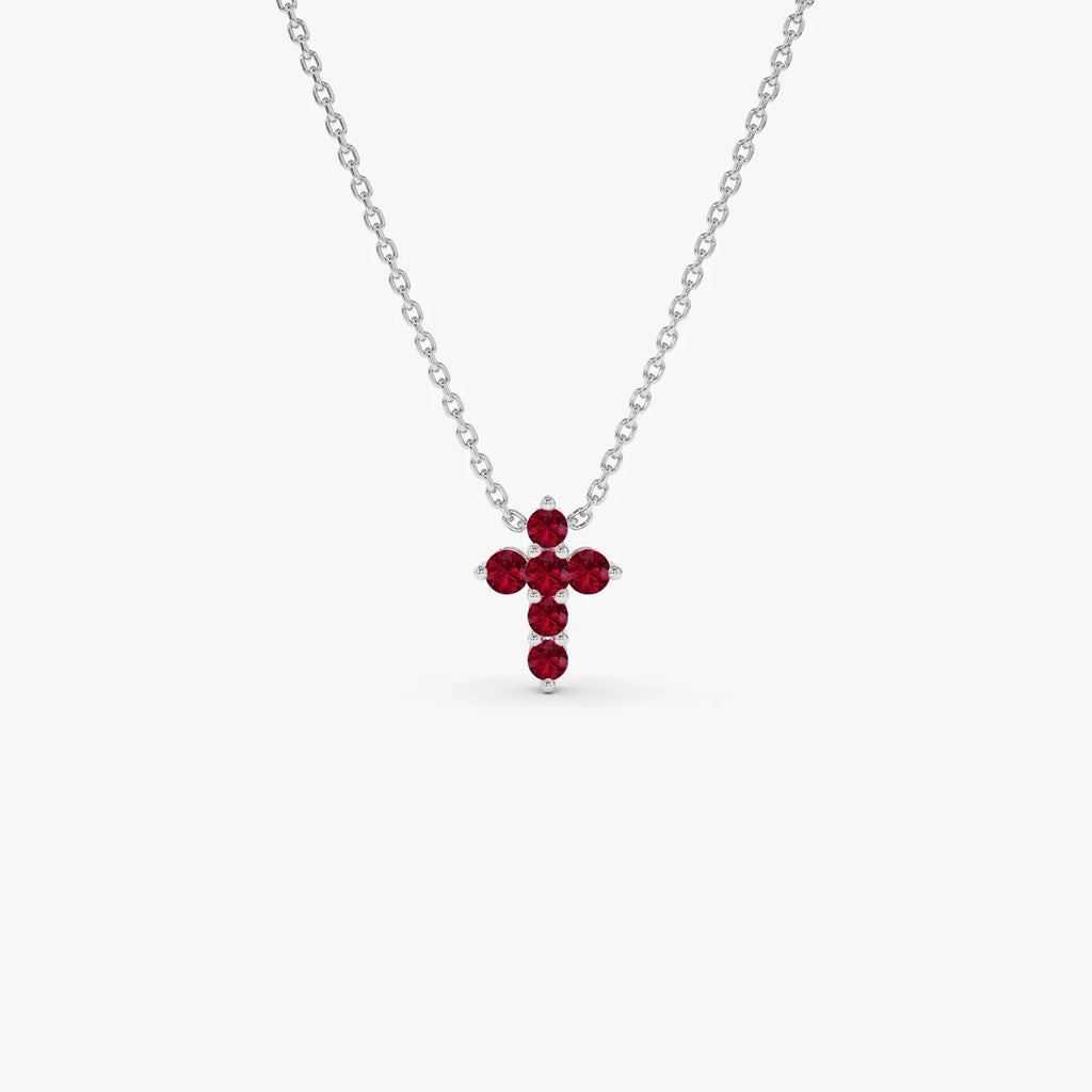 14k Solid Gold Round Ruby Tiny Cross Pendant Necklace 0.25 Carat Prong Setting