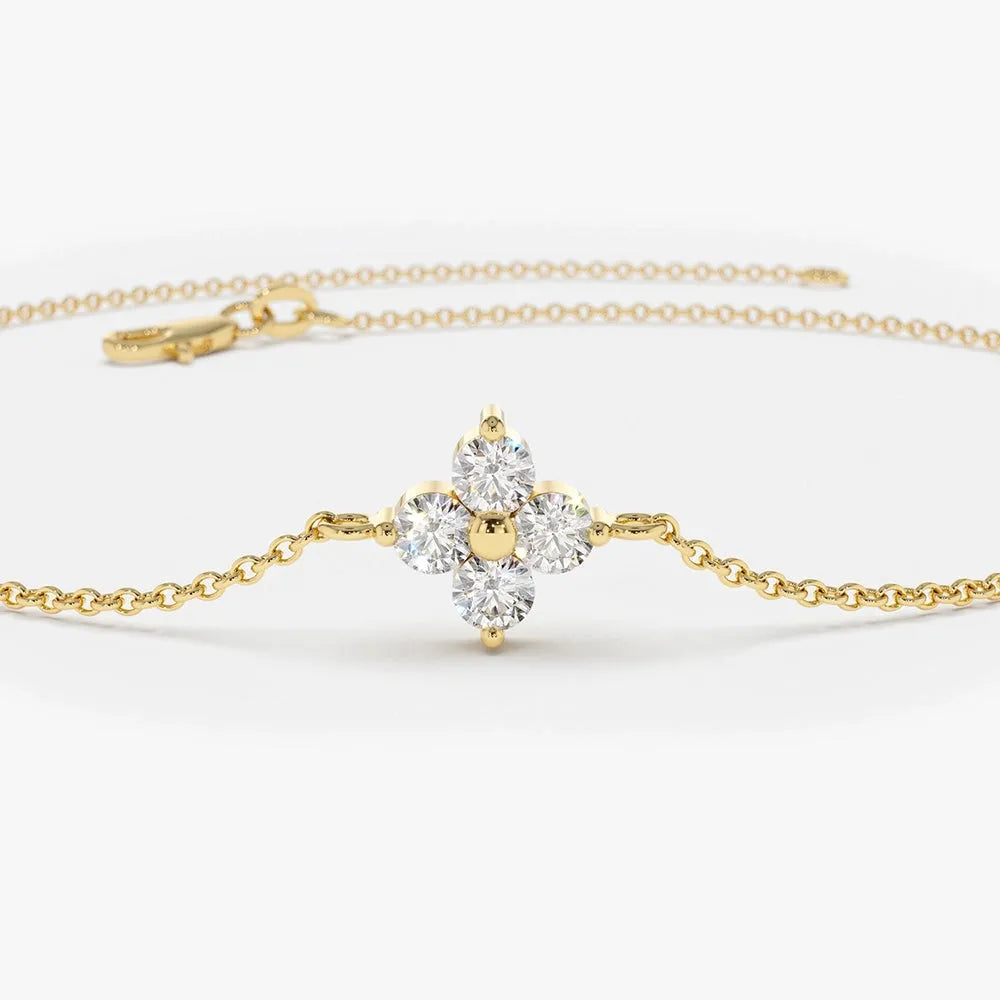 14K Solid Gold 0.14 CTW Round Diamond Clover Bracelet
