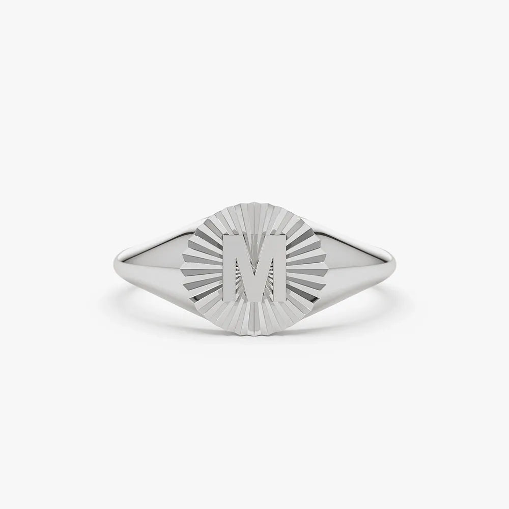 14K Gold Round Sunburst Initial Signet Ring 8mm Personalized Custom Jewelry