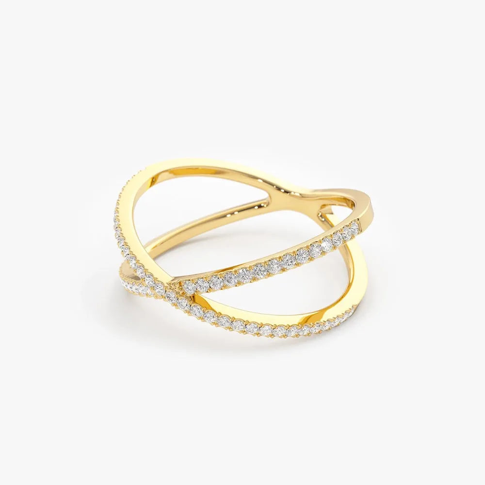 14K Gold Round Diamond Micro Pave Criss Cross Ring