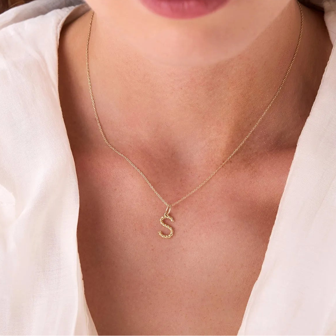 14k Solid Gold Rope Initial Pendant Necklace