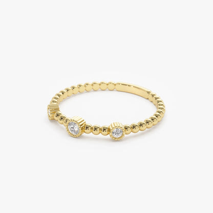 14k Solid Gold Round Diamond 0.12 ctw Three Bezel Setting Bead Band Ring
