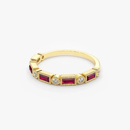 14k Gold Ruby and Diamond Baguette and Round Cut Milgrain Bezel Ring 0.47 ctw