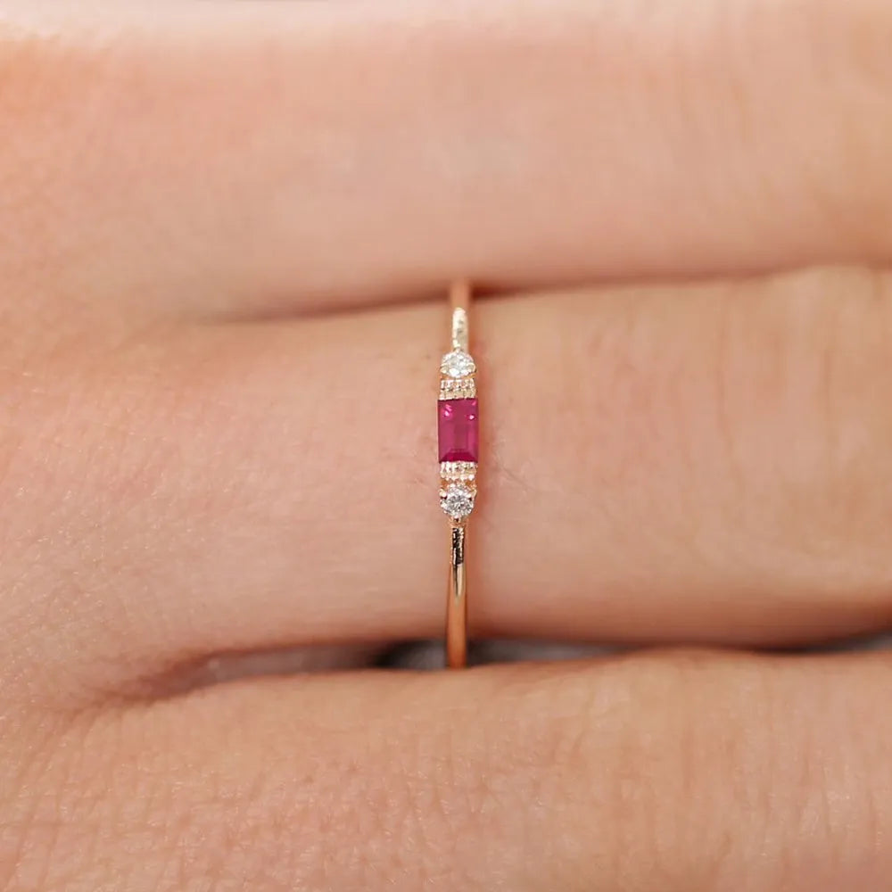 14k Gold Ruby and Diamond Baguette and Round Cut Ring Channel and Prong Setting 0.14 ctw