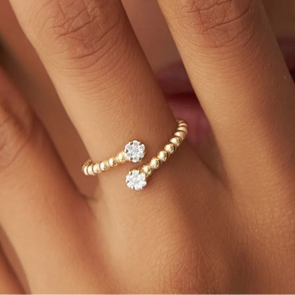 14k Solid Gold Round Diamond 0.14 ctw Beaded Open Bypass Illusion Ring