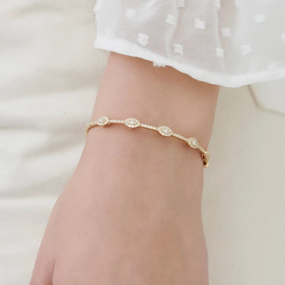 14K Solid Gold 0.99 CTW Round Diamond Marquise Shape Bangle