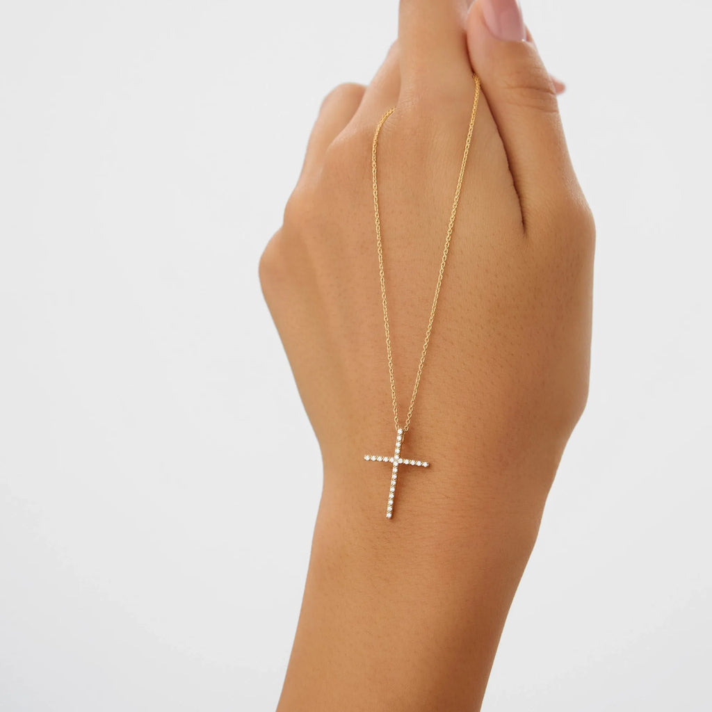 14K Solid Gold 0.29 CTW Round Diamond Single Shared Prong Cross Necklace