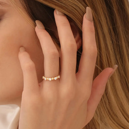 14k Gold Diamond Round Cut Alternating Beads and Bezel Setting Ring 0.50 ctw
