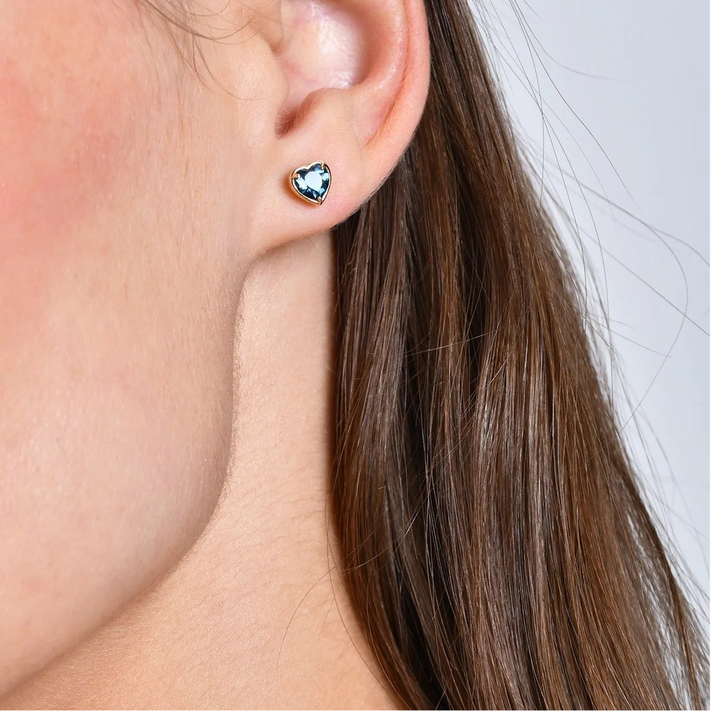 14K Solid Gold Heart Shaped London Blue Topaz Stud Earrings 1.00ctw