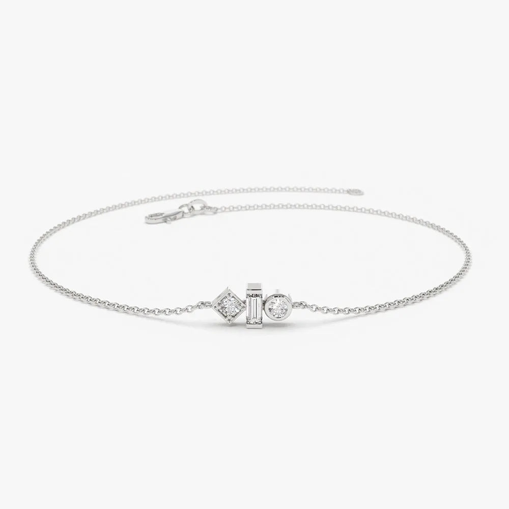 14K Solid Gold Baguette and Round Diamond Bracelet Bezel and Channel Setting 0.15 Carat