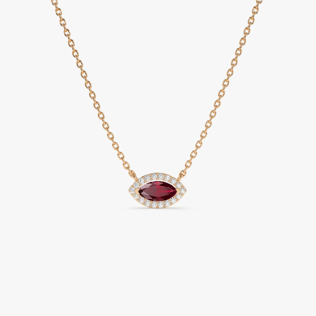 14k Solid Gold Ruby and Diamond Marquise Round Halo Necklace 0.30 Carat Prong Setting