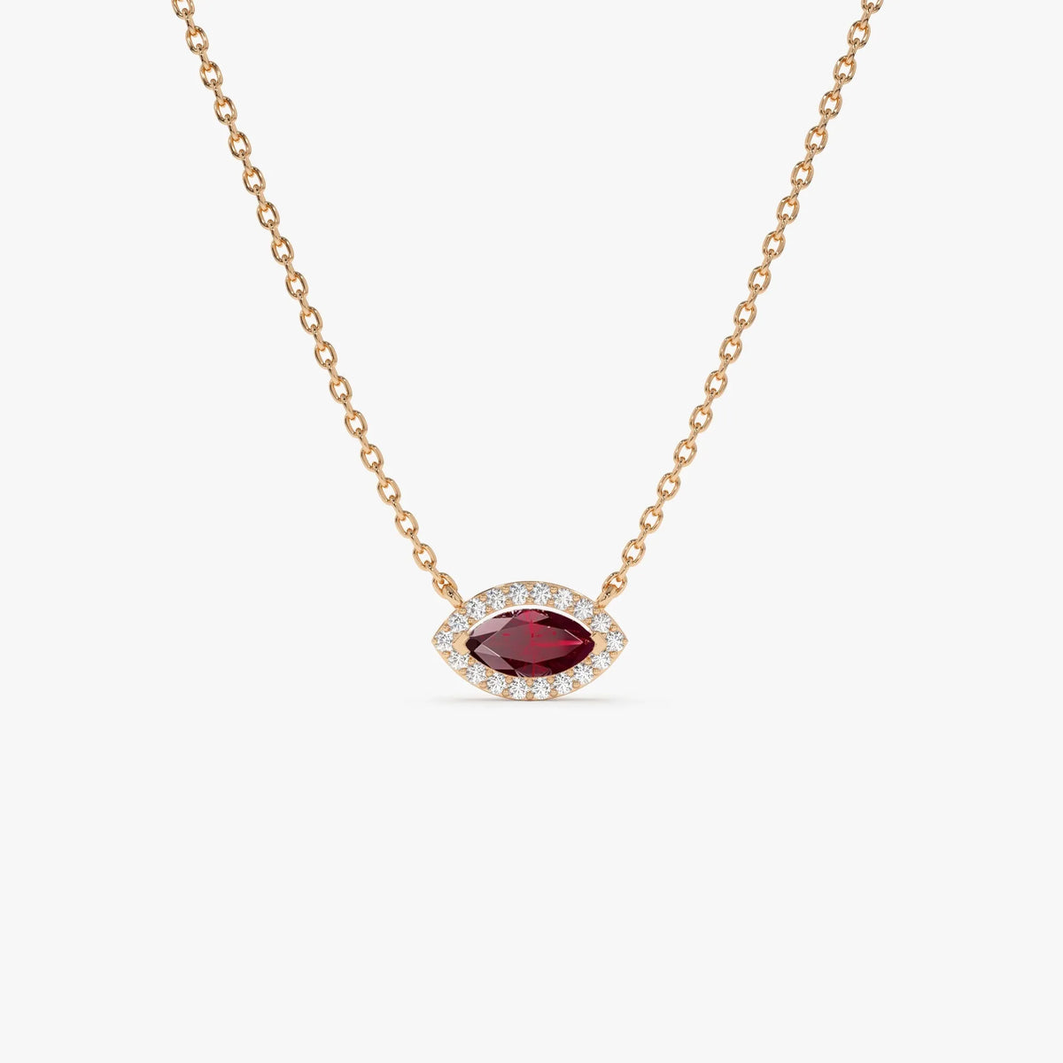14k Solid Gold Ruby and Diamond Marquise Round Halo Necklace 0.30 Carat Prong Setting
