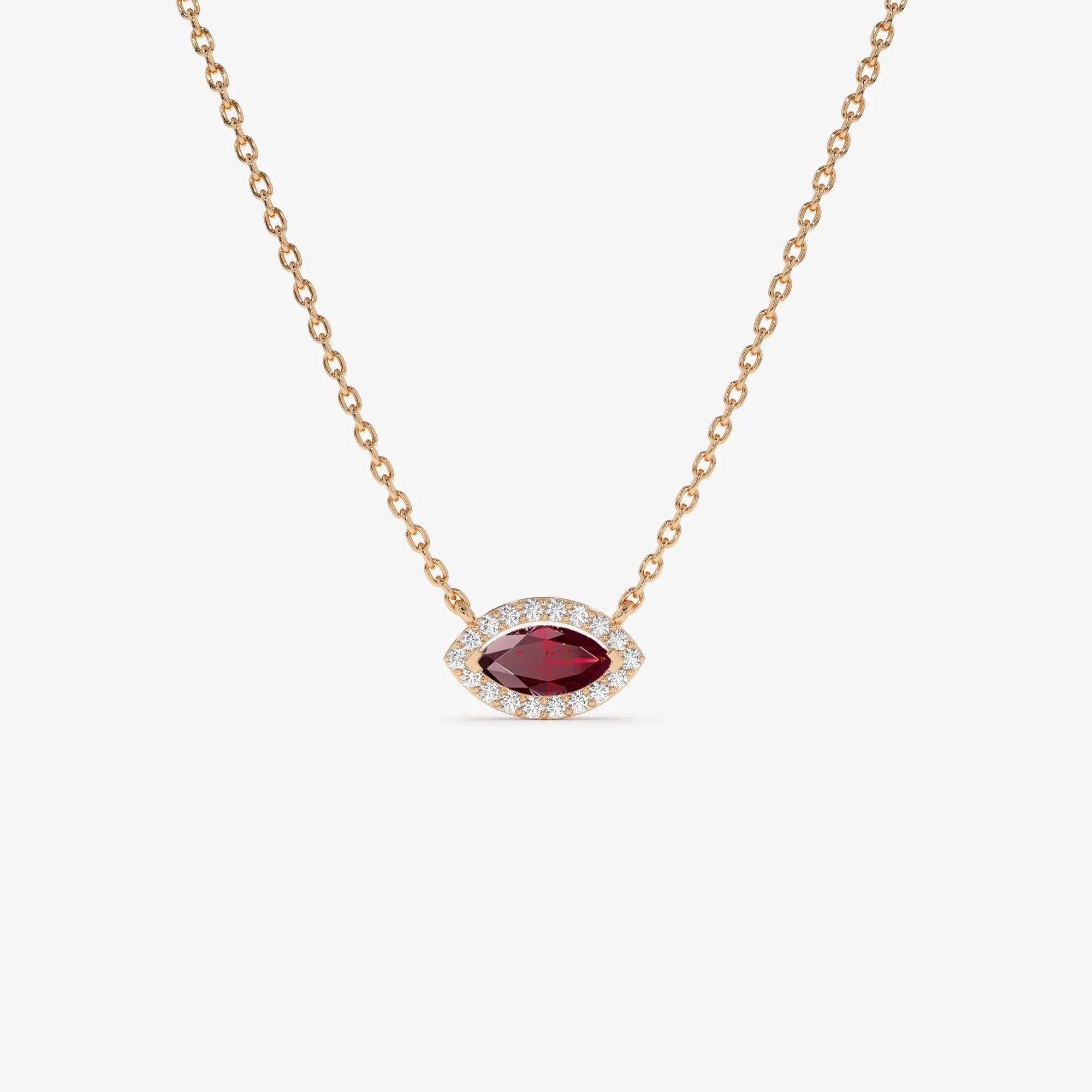 14k Solid Gold Ruby and Diamond Marquise Round Halo Necklace 0.30 Carat Prong Setting