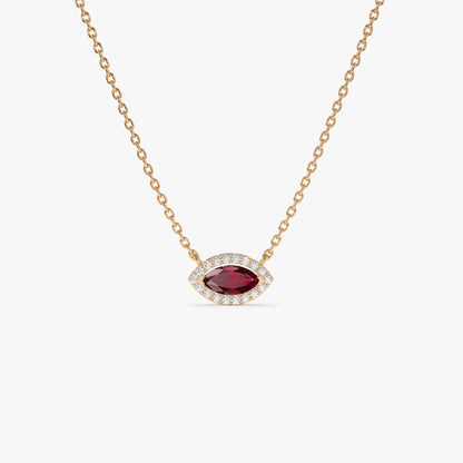 14k Solid Gold Ruby and Diamond Marquise Round Halo Necklace 0.30 Carat Prong Setting