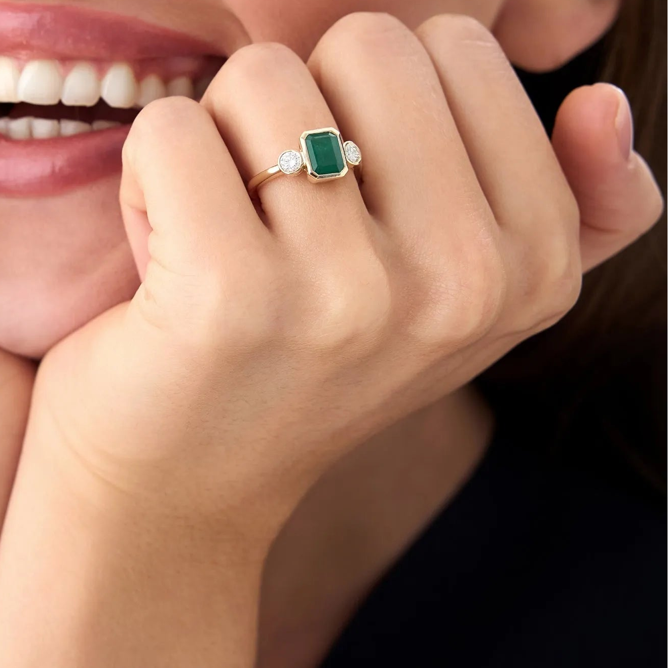 14K Solid Gold Emerald Cut Emerald Round Diamond Three Stone Bezel Set Ring 1.89 CTW