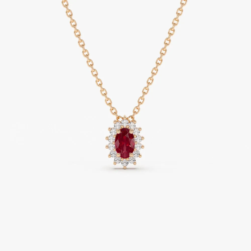 14k Solid Gold Ruby and Diamond Oval Halo Necklace 0.40 Carat