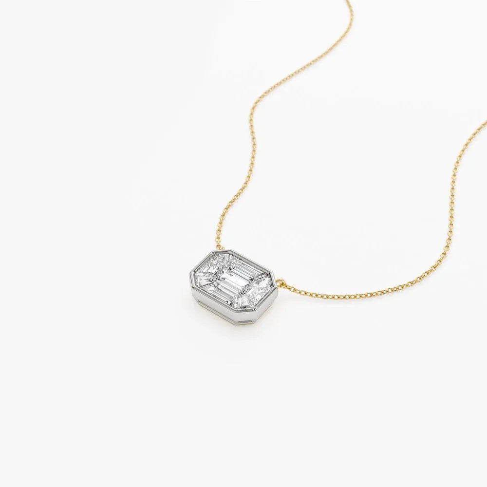 14K Solid Gold Baguette Diamond Step Cut Mosaic Illusion Necklace Invisible Bezel Setting 0.48ctw