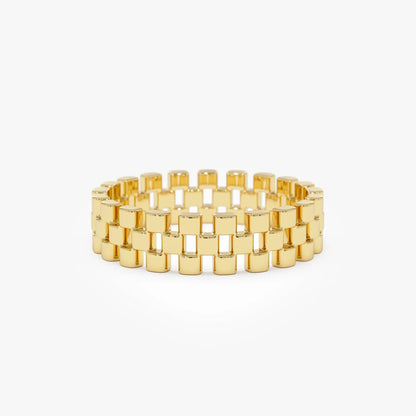 14k Gold 3 Row Link Ring Wide Statement Band