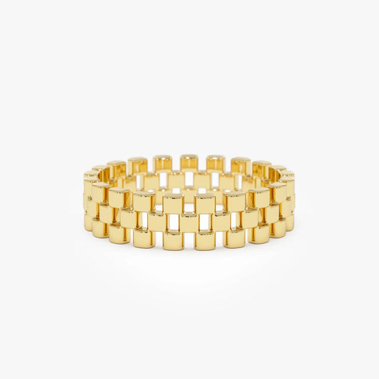 14k Gold 3 Row Link Ring Wide Statement Band