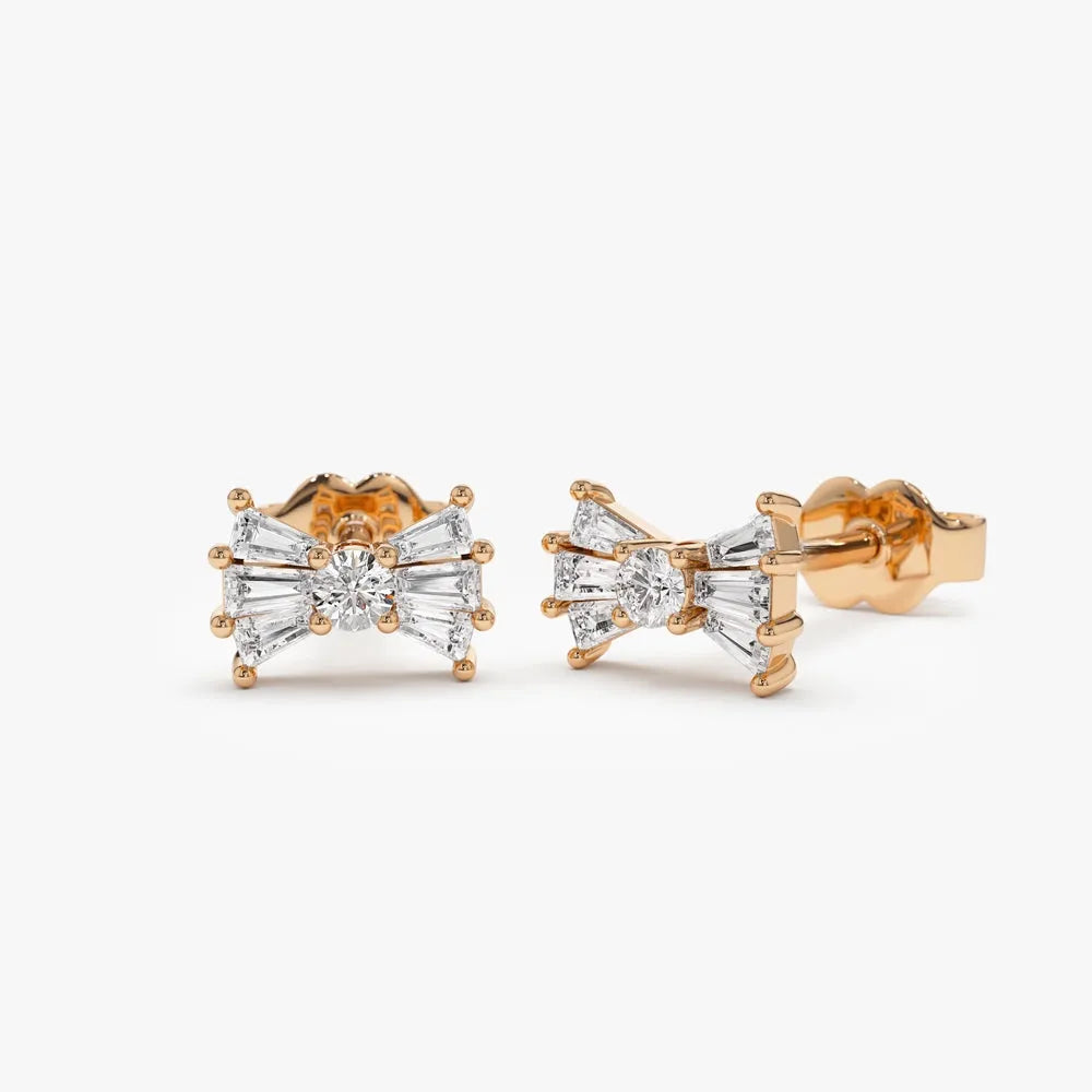 14k Gold Diamond Baguette and Round Cut Bow Stud Earrings 0.25 ctw