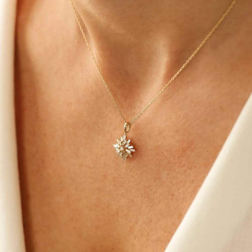 14K Solid Gold Baguette and Round Diamond Cluster Pendant Necklace Prong Setting 0.56ctw