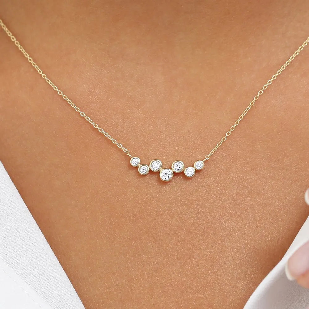 14K Solid Gold Round Diamond 7 Stone Floating Bubble Necklace Bezel Set 0.30ctw