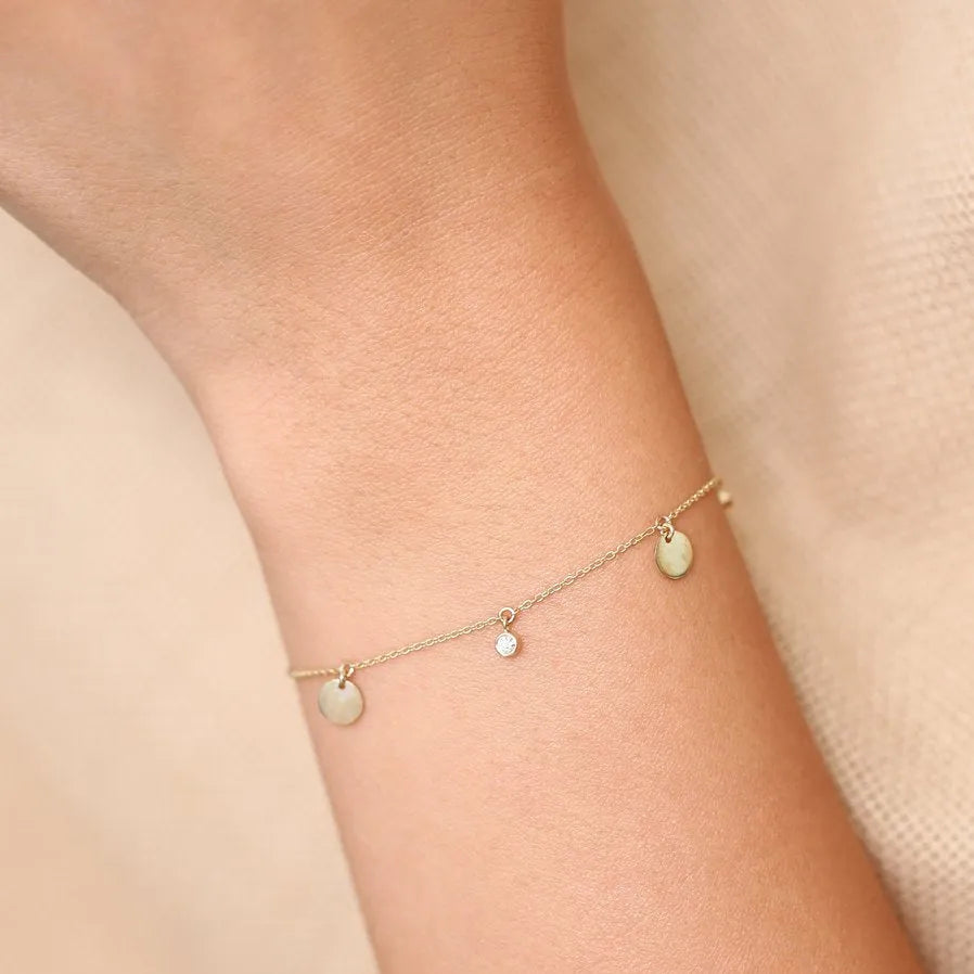 14K Solid Gold 0.08 CTW Round Diamond Bezel Set Dangling Disc Bracelet