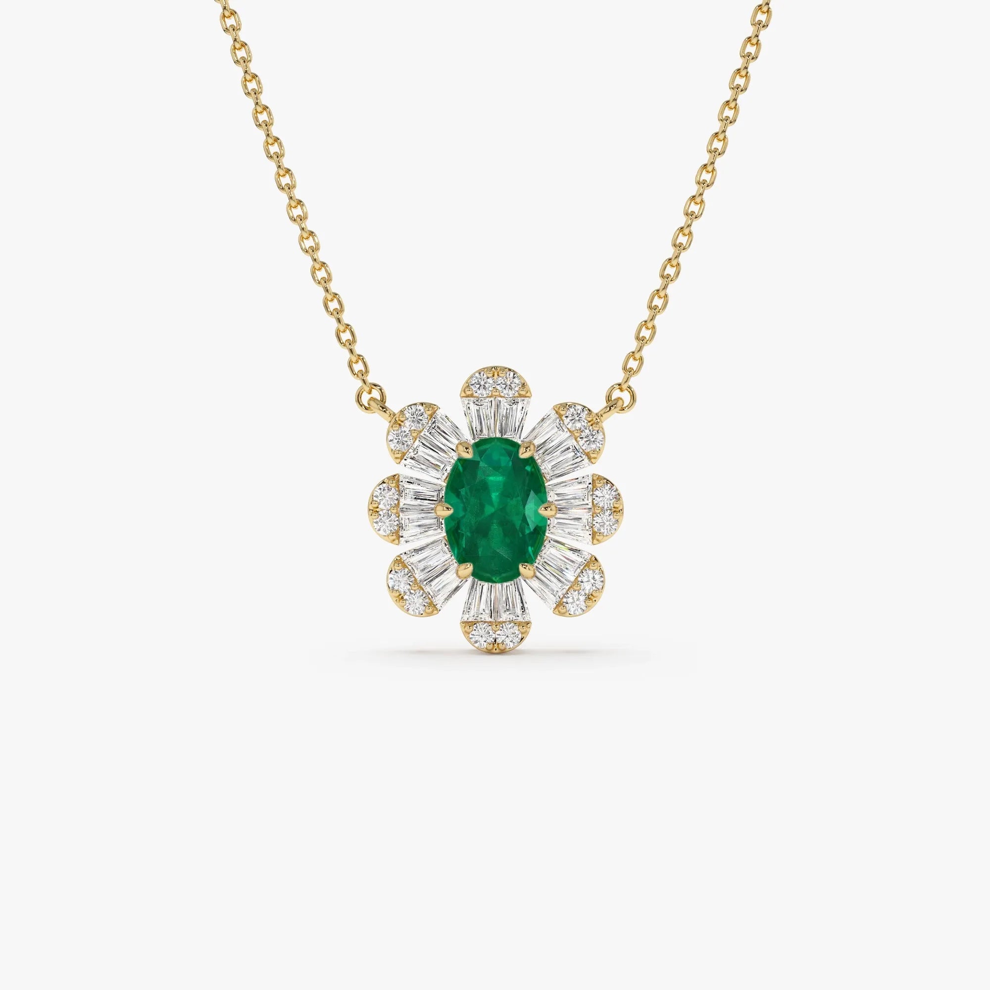 14k Solid Gold Oval Emerald and Baguette Round Diamond 0.65 CTW Necklace