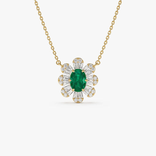 14k Solid Gold Oval Emerald and Baguette Round Diamond 0.65 CTW Necklace