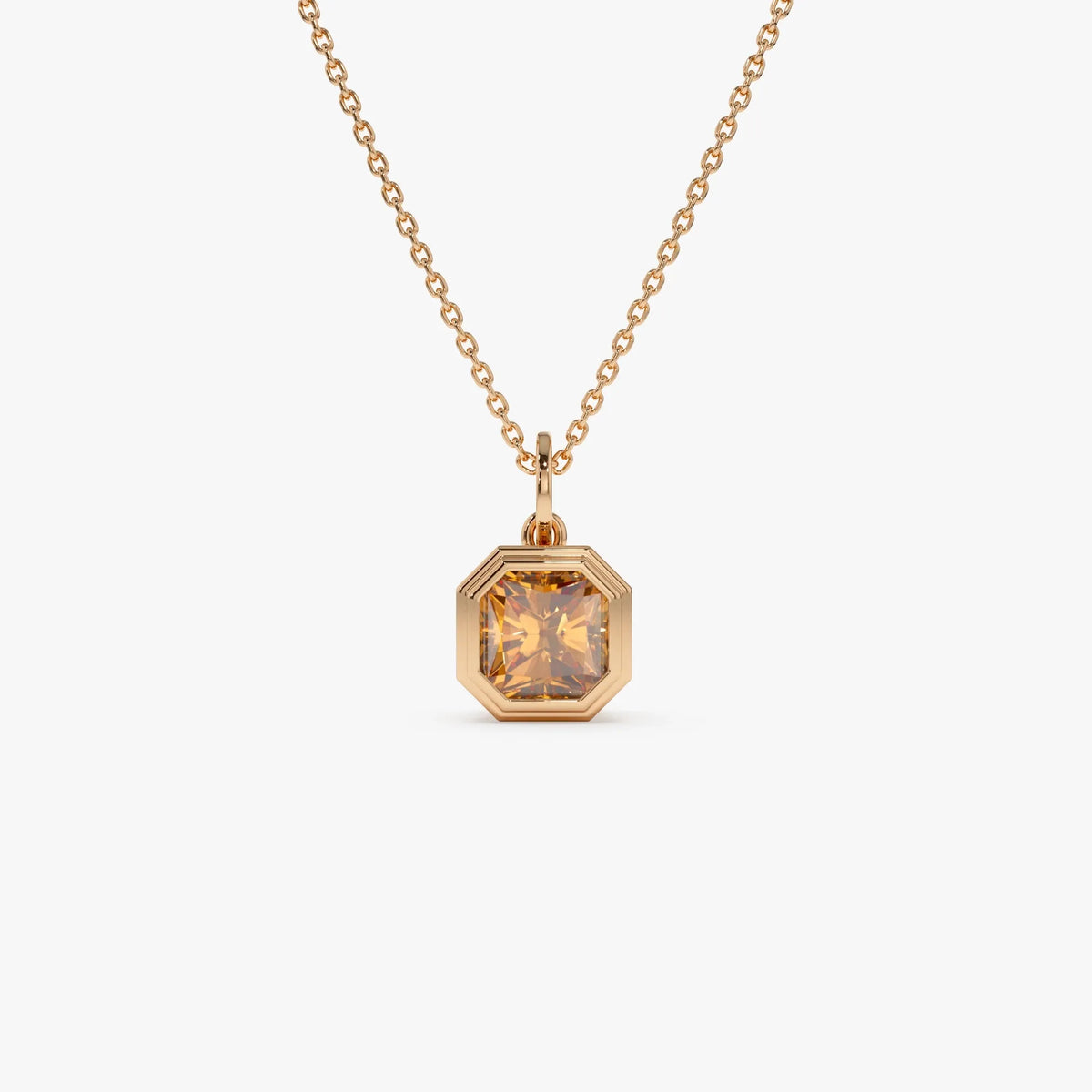 14k Solid Gold Citrine Asscher Cut Necklace 0.97 Carat Bezel Setting